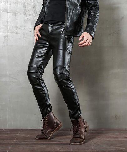 LinvMe Men Fitted PU Faux Leather Jeans Biker Pants Punk Style in Kuwait