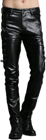 LinvMe Men Fitted PU Faux Leather Jeans Biker Pants Punk Style in Kuwait