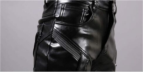 LinvMe Men Fitted PU Faux Leather Jeans Biker Pants Punk Style in Kuwait