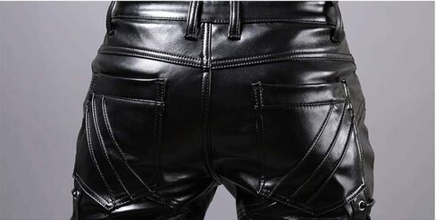 LinvMe Men Fitted PU Faux Leather Jeans Biker Pants Punk Style in Kuwait