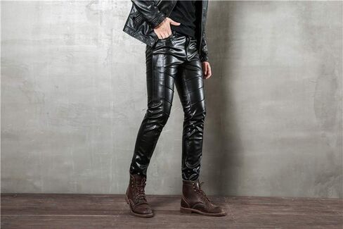 LinvMe Men Fitted PU Faux Leather Jeans Biker Pants Punk Style in Kuwait