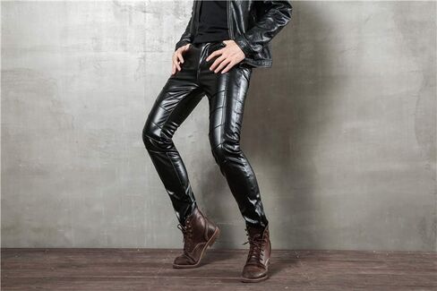 LinvMe Men Fitted PU Faux Leather Jeans Biker Pants Punk Style in Kuwait