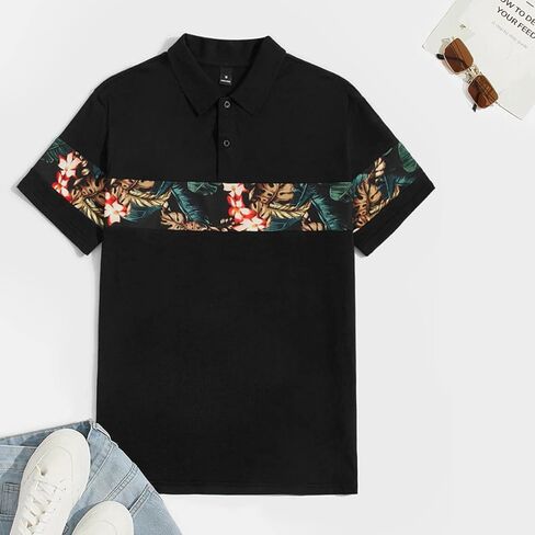 قميص بولو جولف رياضي كاجوال للرجال من OYOANGLE بأكمام قصيرة وطباعة استوائية وأكمام قصيرة in Kuwait