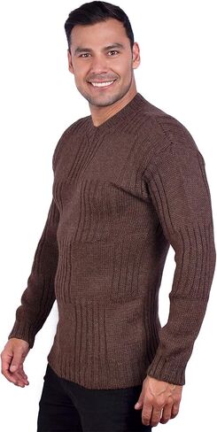 INTI ALPACA Men’s Hand Knit Long Sleeve V-Neck Brown Alpaca Sweater in Saudi Arabia