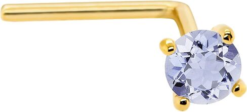 22G Solid 14Kt Gold L-Shape Nose Stud with real Tanzanite Gemstone, 14kt Yellow Gold or 14kt White Gold Prong Setting - December Birthstone Nose Ring in Saudi Arabia
