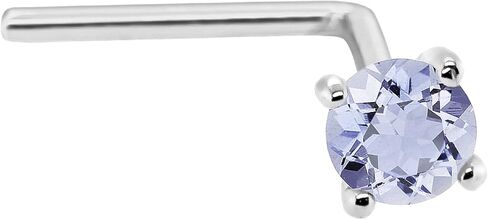 22G Solid 14Kt Gold L-Shape Nose Stud with real Tanzanite Gemstone, 14kt Yellow Gold or 14kt White Gold Prong Setting - December Birthstone Nose Ring in Saudi Arabia