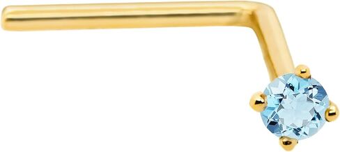 22G Solid 14Kt Gold L-Shape Nose Stud with real Blue Topaz Gemstone, 14kt Yellow Gold or 14kt White Gold Prong Setting - December Birthstone Nose Ring in Kuwait