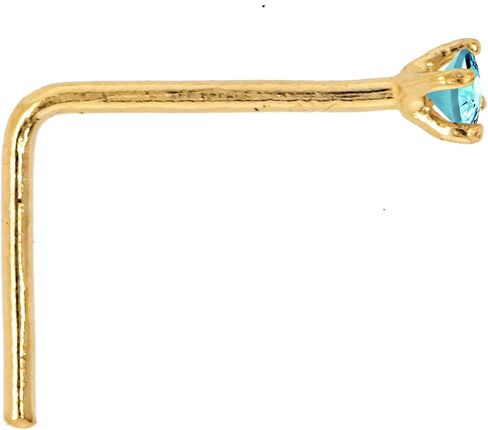 22G Solid 14Kt Gold L-Shape Nose Stud with real Blue Topaz Gemstone, 14kt Yellow Gold or 14kt White Gold Prong Setting - December Birthstone Nose Ring in Kuwait