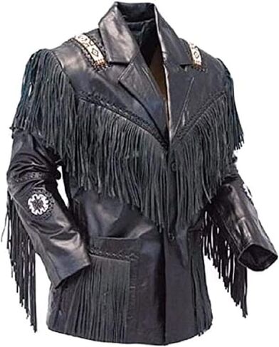 Western Cowboy Leather Fashion Jacket For Mens Fringe & Beaded Native American Coat - Black in Kuwait