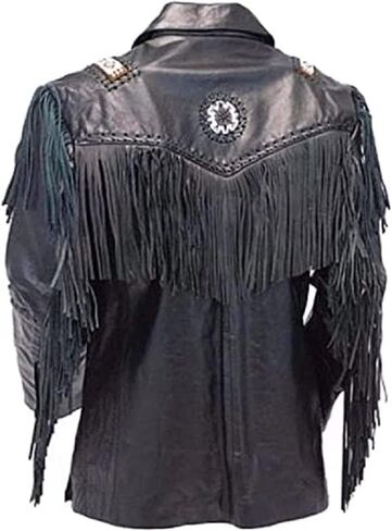 Western Cowboy Leather Fashion Jacket For Mens Fringe & Beaded Native American Coat - Black in Kuwait