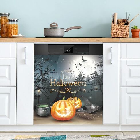 Kigai Happy Halloween Pumpkin Dishwasher Magnet Cover, Kitchen Dish Washer Door Panel Magnetic Sticker Home Appliances Decorative Stickers for Home Kitchen Farmhouse Decor, 23 W x 26 H Inch in Saudi Arabia