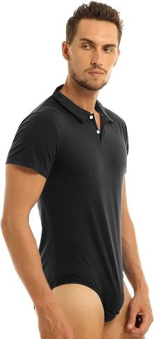 Aislor Men's Turn-Down Collar Short Sleeve Shirt Button Crotch Leotard One Piece Bodysuit Rompers in Kuwait