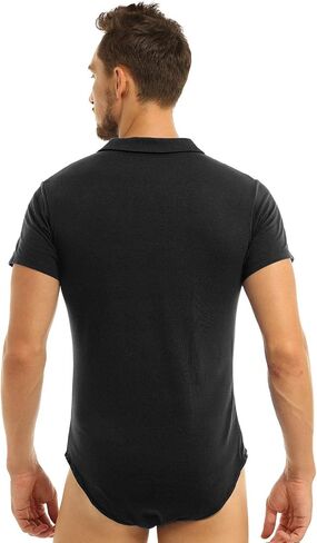 Aislor Men's Turn-Down Collar Short Sleeve Shirt Button Crotch Leotard One Piece Bodysuit Rompers in Kuwait