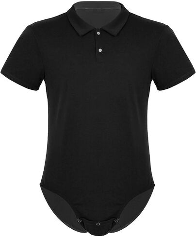 Aislor Men's Turn-Down Collar Short Sleeve Shirt Button Crotch Leotard One Piece Bodysuit Rompers in Kuwait