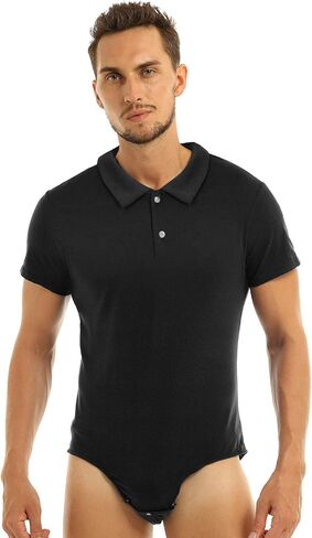 Aislor Men's Turn-Down Collar Short Sleeve Shirt Button Crotch Leotard One Piece Bodysuit Rompers in Kuwait