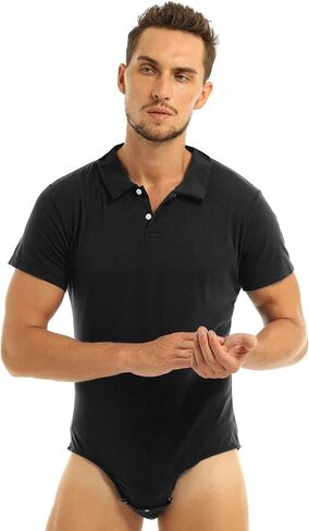 Aislor Men's Turn-Down Collar Short Sleeve Shirt Button Crotch Leotard One Piece Bodysuit Rompers in Kuwait