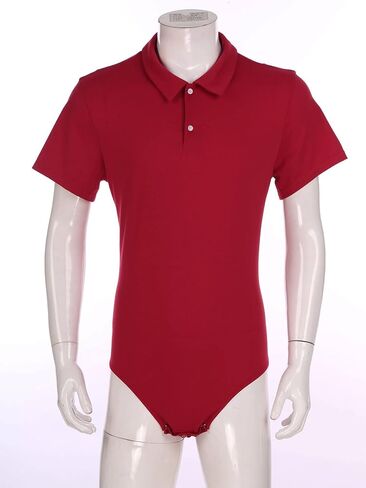 Aislor Men's Turn-Down Collar Short Sleeve Shirt Button Crotch Leotard One Piece Bodysuit Rompers in Kuwait