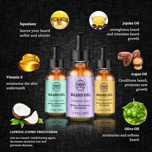 MENSTORY Beard Growth Oil 3 Scent Pack, Cedarwood, Sandalwood, and Sage, Moisturizing, Softening, Beards & Mustaches Maintenance for Men, Beard Gifts for Man Dad Father Boyfriend (3 fl oz total) in Saudi Arabia