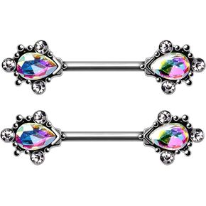 Pierced Owl - 14GA Vintage Ornate Teardrop design with CZs 316L Surgical Stainless Steel Barbell Nipple Rings, Sold as a Pair
