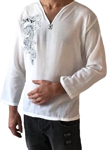 Men's White Dragon Shirt 100% Cotton Hippie Top in Saudi Arabia