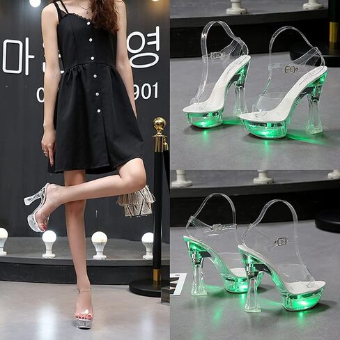 Tophacker Women's 14CM/5.5IN Chunky Heel LED Lights Transparent Platform Sandals Sexy Stripper Performance Heels Pole Dancing Special Occasion Shoes Shoes (Color : White, Size : 7.5) in Kuwait