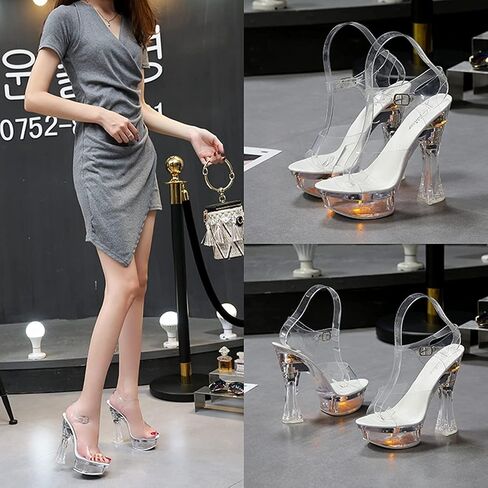 Tophacker Women's 14CM/5.5IN Chunky Heel LED Lights Transparent Platform Sandals Sexy Stripper Performance Heels Pole Dancing Special Occasion Shoes Shoes (Color : White, Size : 7.5) in Kuwait