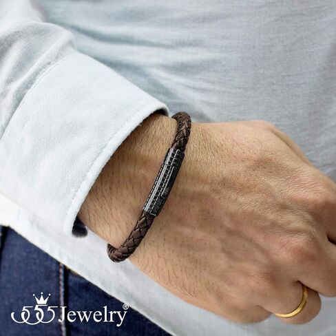 555Jewelry سوار من الجلد الأسود بمشبك مضلع من الفولاذ المقاوم للصدأ للرجال in Saudi Arabia