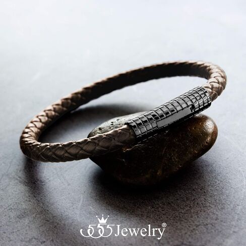 555Jewelry سوار من الجلد الأسود بمشبك مضلع من الفولاذ المقاوم للصدأ للرجال in Saudi Arabia