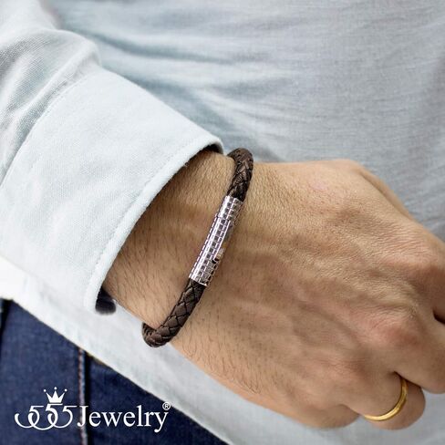 555Jewelry سوار من الجلد الأسود بمشبك مضلع من الفولاذ المقاوم للصدأ للرجال in Saudi Arabia