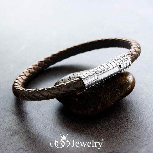 555Jewelry سوار من الجلد الأسود بمشبك مضلع من الفولاذ المقاوم للصدأ للرجال in Saudi Arabia