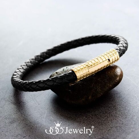 555Jewelry سوار من الجلد الأسود بمشبك مضلع من الفولاذ المقاوم للصدأ للرجال in Saudi Arabia