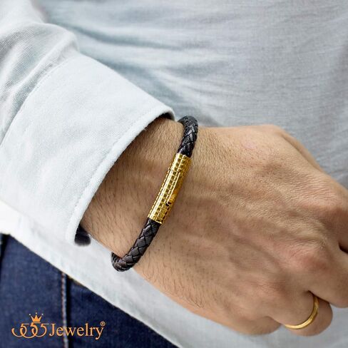 555Jewelry سوار من الجلد الأسود بمشبك مضلع من الفولاذ المقاوم للصدأ للرجال in Saudi Arabia