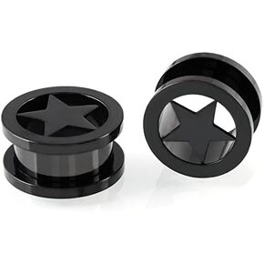 Pair of Star Tunnels Plugs Stainless Steel Screw Tunnels Ear Expander Stretcher Piercing Gauges With O-Ring Fashion Punk Black Minimalist Lucky Body Jewelry Gifts for Women Girls Men in Saudi Arabia