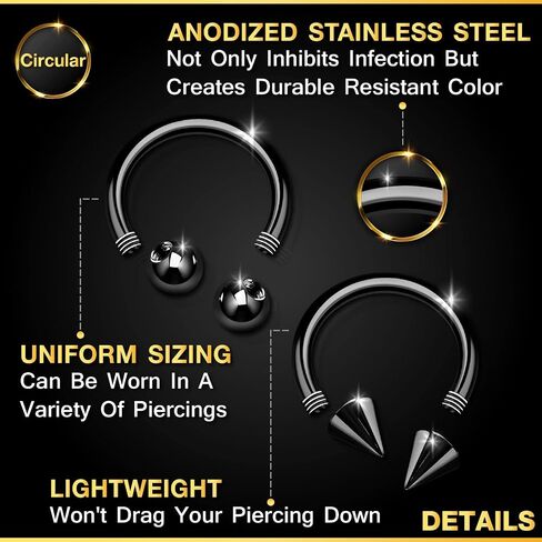 4PCS Stainless Steel Black Horseshoe Circular Barbell 16g 3mm Ball Spike Lip Earrings Septum Piercing Jewelry See More Sizes in Kuwait