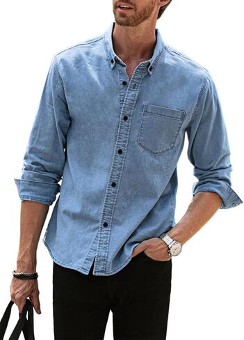 Astylish Mens Regular Fit Long Sleeve Denim Shirt Button Down Henley Chambray Shirt in Saudi Arabia