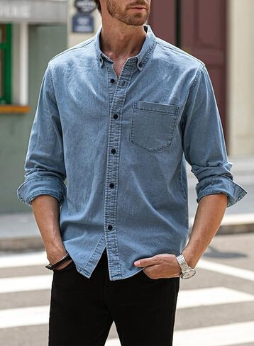 Astylish Mens Regular Fit Long Sleeve Denim Shirt Button Down Henley Chambray Shirt in Saudi Arabia