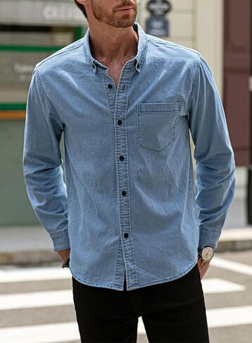 Astylish Mens Regular Fit Long Sleeve Denim Shirt Button Down Henley Chambray Shirt in Saudi Arabia