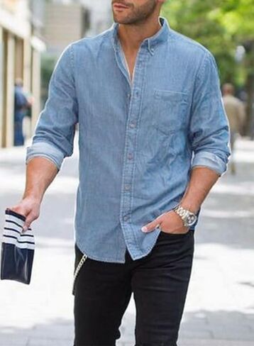 Astylish Mens Regular Fit Long Sleeve Denim Shirt Button Down Henley Chambray Shirt in Saudi Arabia