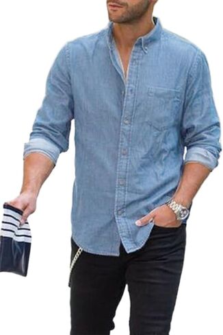 Astylish Mens Regular Fit Long Sleeve Denim Shirt Button Down Henley Chambray Shirt in Saudi Arabia