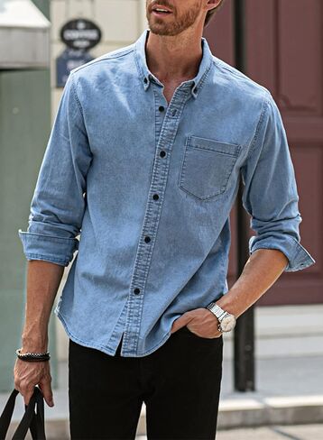 Astylish Mens Regular Fit Long Sleeve Denim Shirt Button Down Henley Chambray Shirt in Saudi Arabia