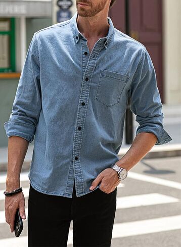 Astylish Mens Regular Fit Long Sleeve Denim Shirt Button Down Henley Chambray Shirt in Saudi Arabia