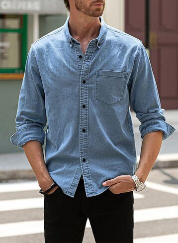 Astylish Mens Regular Fit Long Sleeve Denim Shirt Button Down Henley Chambray Shirt in Saudi Arabia
