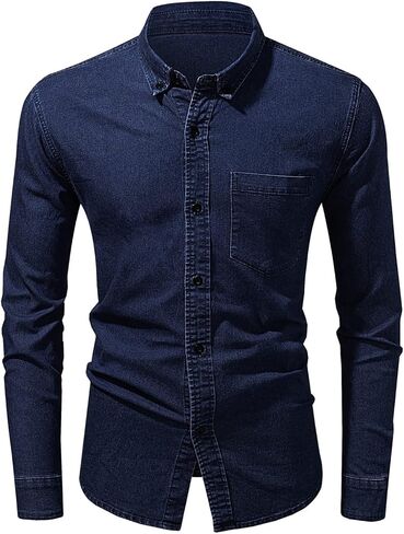 Astylish Mens Regular Fit Long Sleeve Denim Shirt Button Down Henley Chambray Shirt in Saudi Arabia