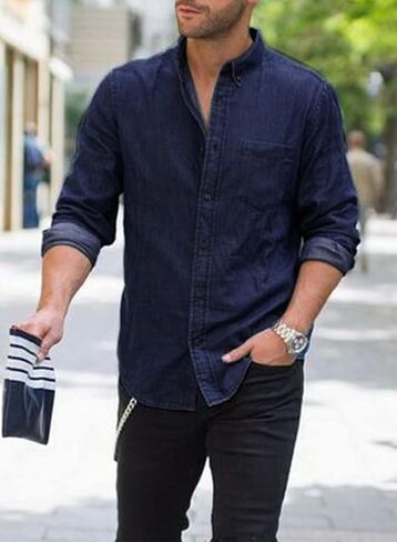 Astylish Mens Regular Fit Long Sleeve Denim Shirt Button Down Henley Chambray Shirt in Saudi Arabia