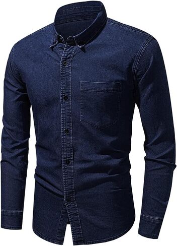 Astylish Mens Regular Fit Long Sleeve Denim Shirt Button Down Henley Chambray Shirt in Saudi Arabia