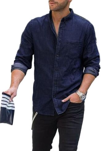 Astylish Mens Regular Fit Long Sleeve Denim Shirt Button Down Henley Chambray Shirt in Saudi Arabia