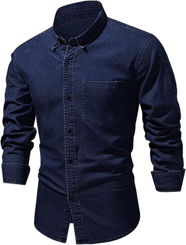 Astylish Mens Regular Fit Long Sleeve Denim Shirt Button Down Henley Chambray Shirt in Saudi Arabia