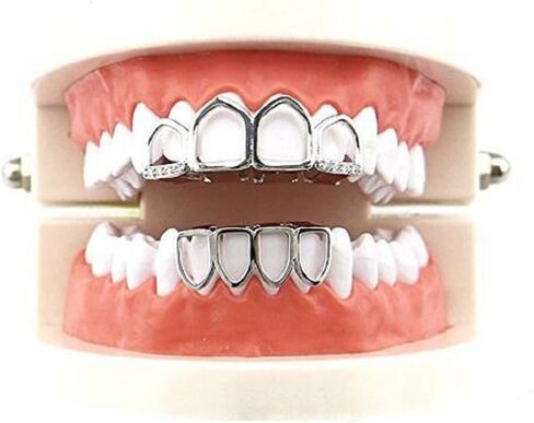 mainlead 14k Gold Silver Grills 4 Teeth Open Face Outline Top and Bottom Set in Kuwait