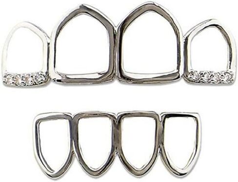 mainlead 14k Gold Silver Grills 4 Teeth Open Face Outline Top and Bottom Set in Kuwait