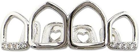 mainlead 14k Gold Silver Grills 4 Teeth Open Face Outline Top and Bottom Set in Kuwait